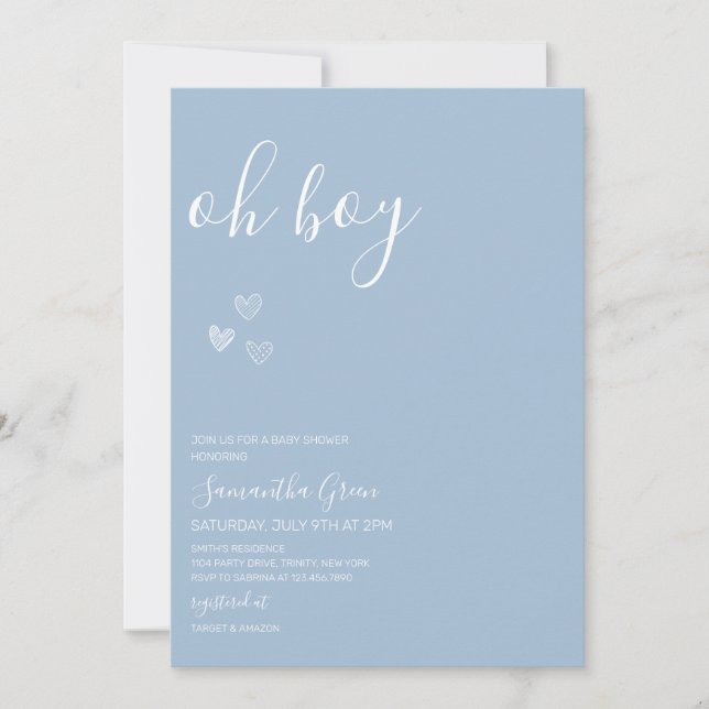 Blue Minimalist Oh Boy Baby Shower Invitation (Front)