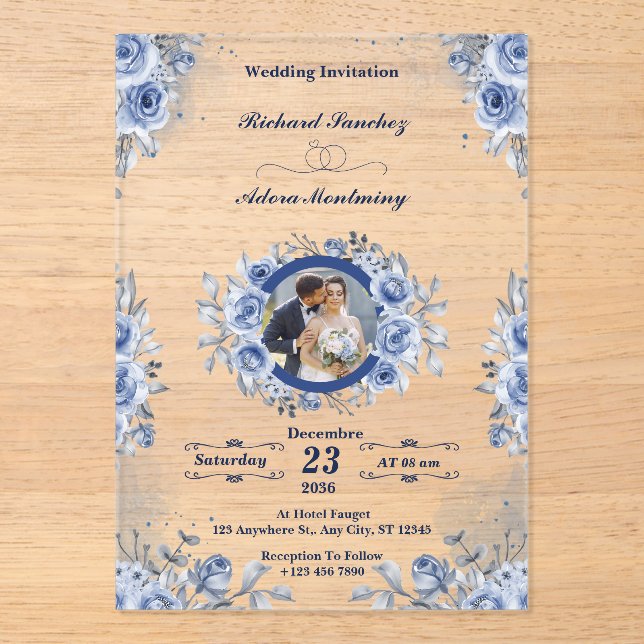 Blue Minimalist Photo acrylic wedding invitations (Front)