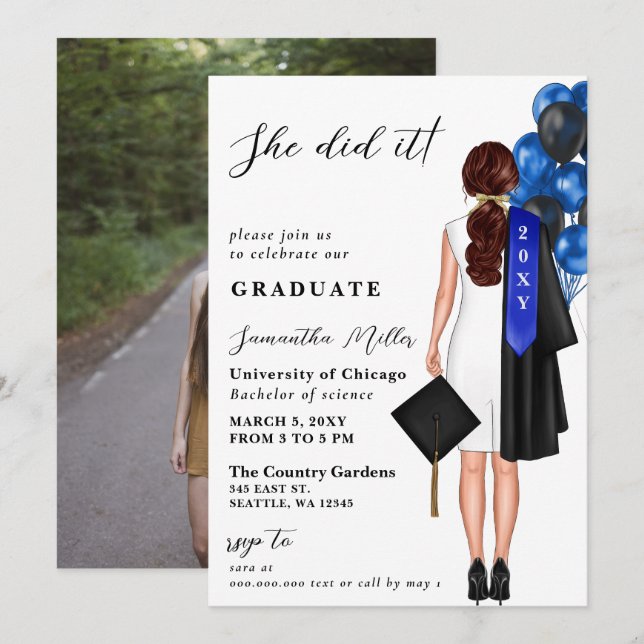 Blue Minimalist Photo She Did It Graduation  Invitation (Front/Back)