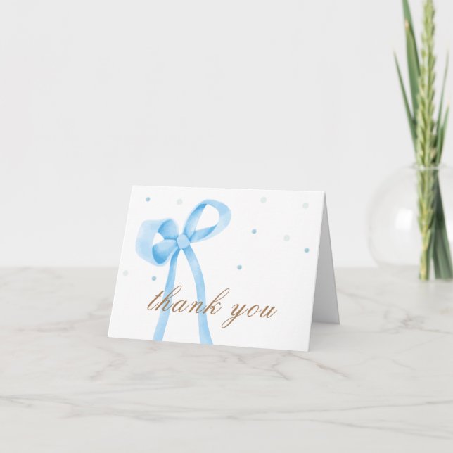Blue Minimalist Polka Dot Bow Baby Shower Thank You Card (Front)