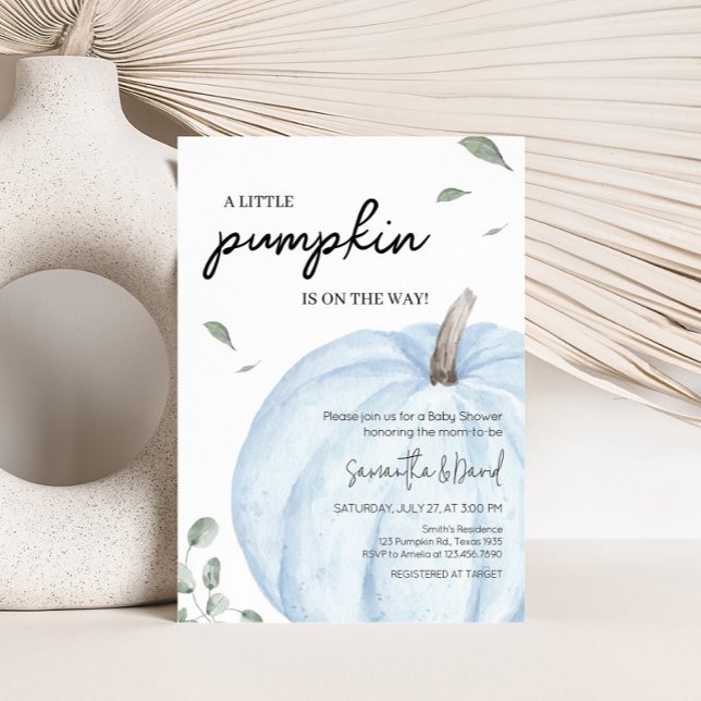 Blue Minimalist Pumpkin Baby Shower Invitation (Watercolor Pumpkin Baby Shower Invitation)