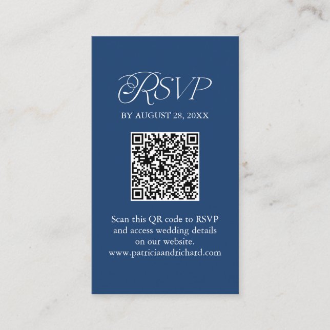 Blue Minimalist QR Code RSVP Scan to Reply Enclosure Card (Front)