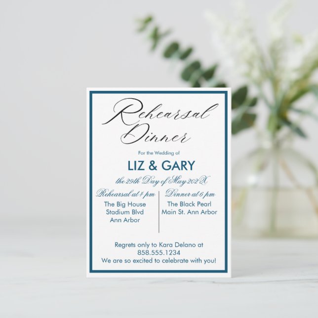 Blue Minimalist Rehearsal Dinner Postcard (Standing Front)