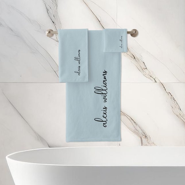 Blue Minimalist Script Signature Monogram Bath Towel Set (Creator Uploaded)