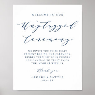 Blue Minimalist Script Unplugged Wedding Ceremony Poster