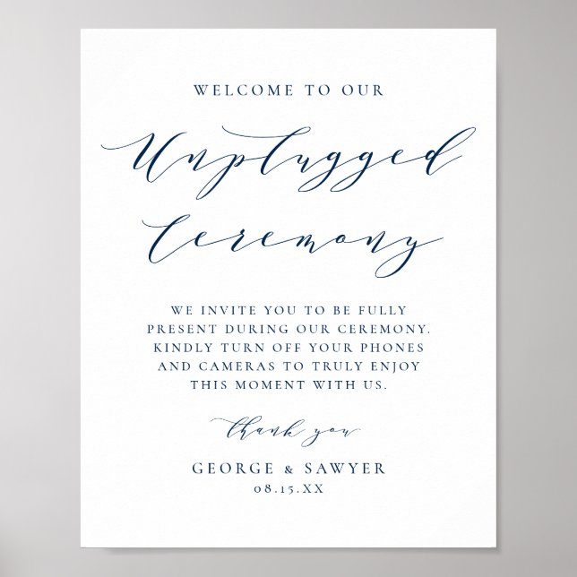 Blue Minimalist Script Unplugged Wedding Ceremony Poster (Front)