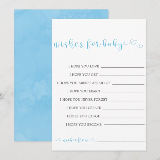 Blue Minimalist Script Wishes For Baby Invites (Front/Back)