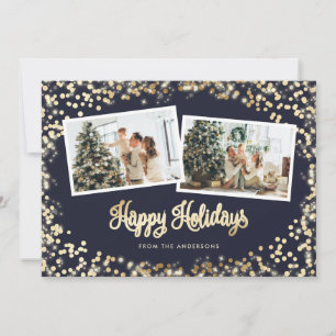 Blue Minimalist Stars Twinkle Lights Photo Holiday Card