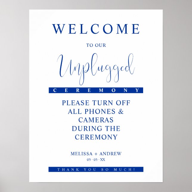 Blue Minimalist Unplugged Wedding Sign (Front)