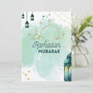 Blue Minimalist Watercolor Ramadan Mubarak Holiday Card