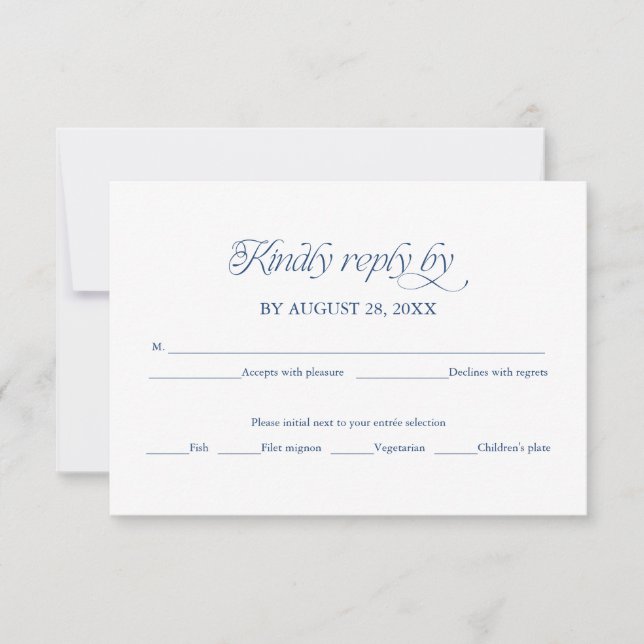 Blue Minimalist Wedding RSVP Elegant Reply Card (Front)