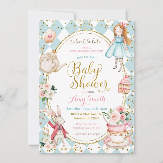 Blue Mint Alice in Wonderland Tea Party  Invitation (Front)