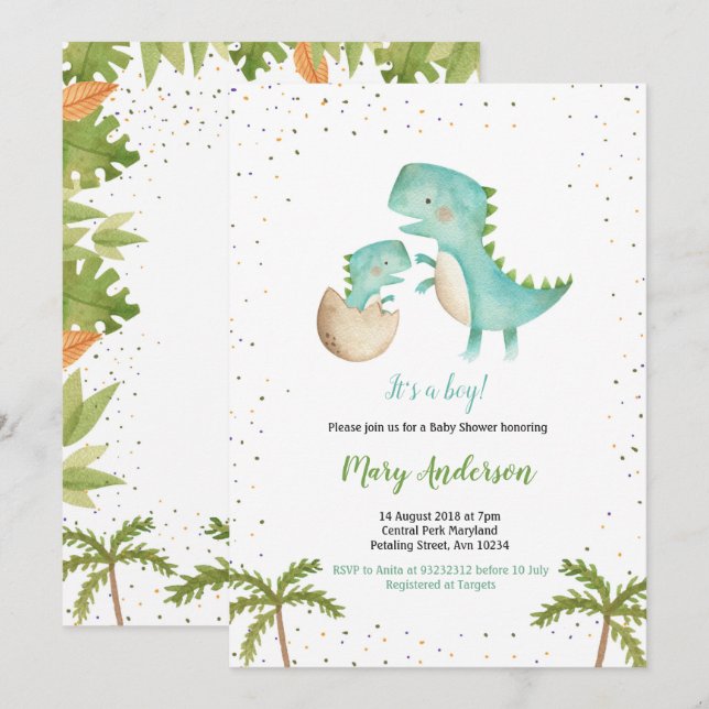 Blue Mint Boy Dinosaur Baby Shower Invitation (Front/Back)