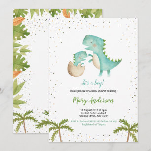 Blue Mint Boy Dinosaur Baby Shower Invitation