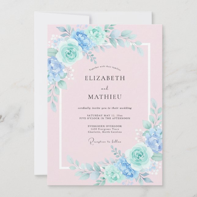 Blue Mint Floral Artistic Wedding Invitation (Front)