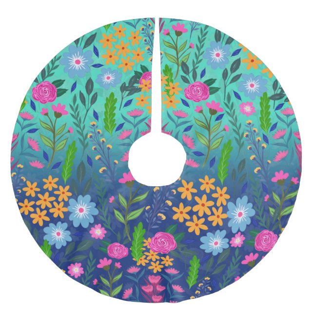 Blue Mint Gradient Garden Flowers Pretty Design Brushed Polyester Tree Skirt (Front)