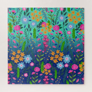Blue Mint Gradient Garden Flowers Pretty Design Jigsaw Puzzle