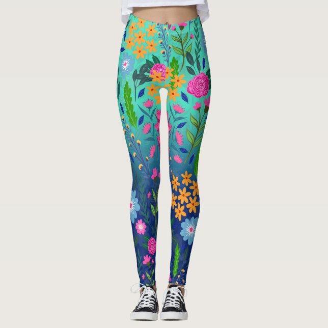 Blue Mint Gradient Garden Flowers Pretty Design Leggings (Front)