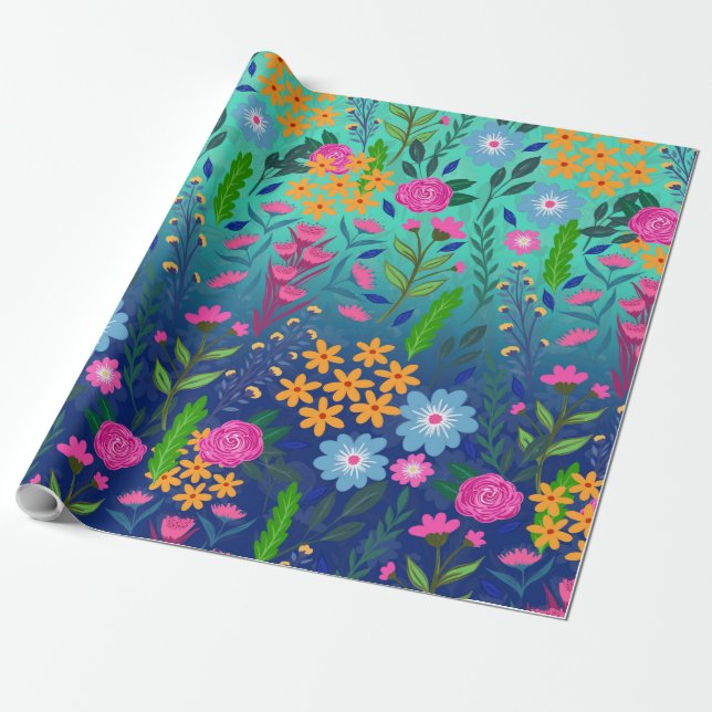 Blue Mint Gradient Garden Flowers Pretty Design Wrapping Paper (Unrolled)