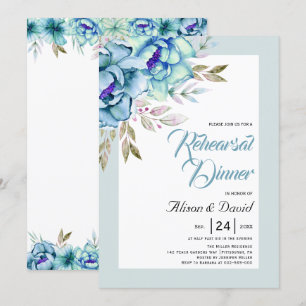 Blue, mint green flowers wedding rehearsal dinner invitation