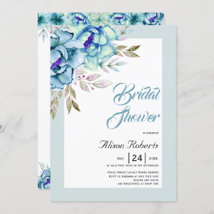 Blue, mint green watercolor flowers bridal shower invitation