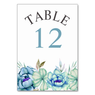 Blue, mint green watercolor flowers floral wedding table number