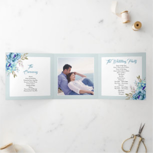 Blue, mint green watercolor flowers wedding photo Tri-Fold programme
