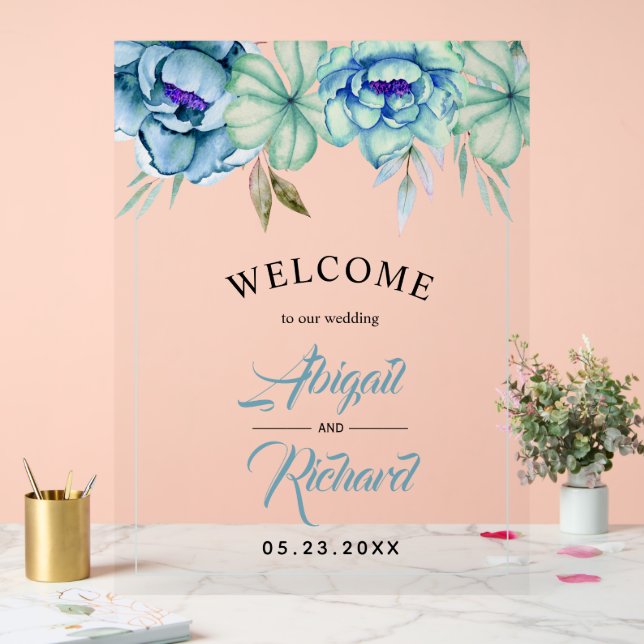 Blue, mint green watercolor flowers WELCOME Acrylic Sign (Wedding)