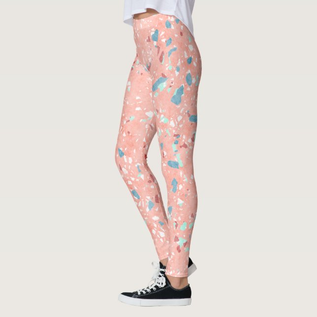 Blue Mint Green White Coral Red Pink Terrazzo Art Leggings (Left)