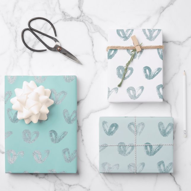 Blue Mint Hearts Wrapping Paper Sheet (Front)