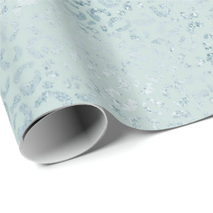 Blue Mint Leopard Print Glitter   Wrapping Paper