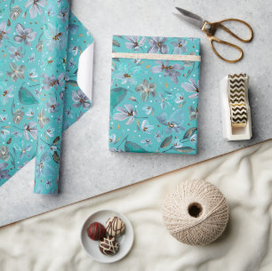 Blue Mint Magic Watercolor Floral Wrapping Paper
