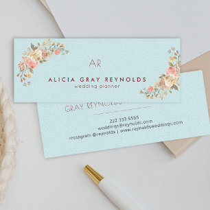 Blue Mint Monogram Chic Floral Wedding Planner Mini Business Card