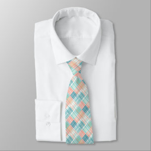 Blue, Mint, Peach & White Madras Plaid  Tie