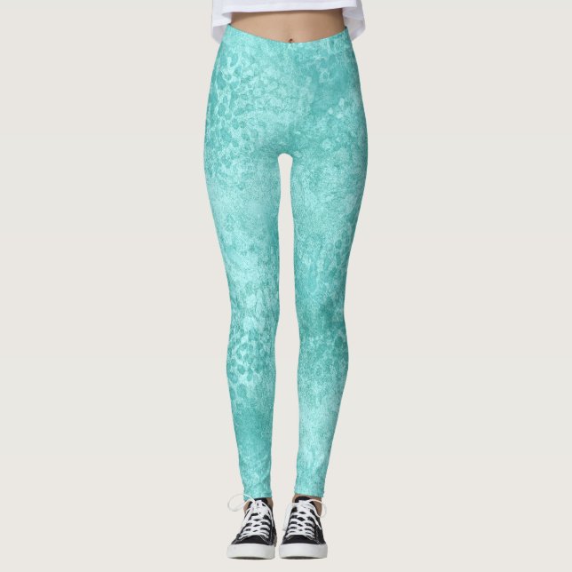 Blue Mint Sea Green Coral Texture Leggings (Front)
