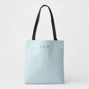 Blue Mint Stripe Classic Monogram Initials Tote Bag