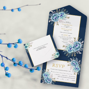 Blue, mint watercolor flowers navy wedding all in one invitation