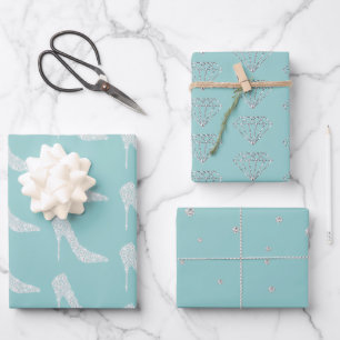 Blue Mint White Diamond High Heel Shoes Wedding Wrapping Paper Sheet