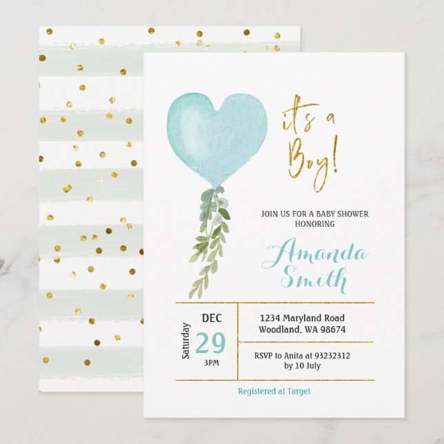 Blue Miny Balloon boy baby shower invitation (Front/Back)