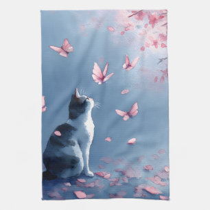 Blue Mist Cat with Pink Blossoms & Starry Speckles Tea Towel