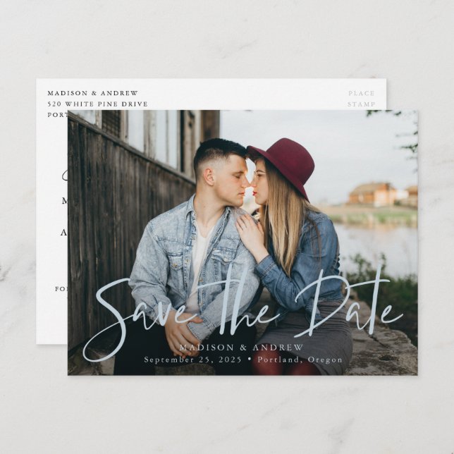 Blue Mist Hand-Lettered Script Photo Save the Date Announcement Postcard (Front/Back)