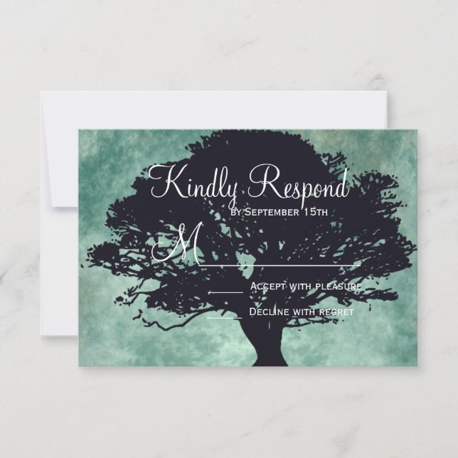 Blue Mist Oak Tree Silhouette Wedding RSVP Cards (Front)