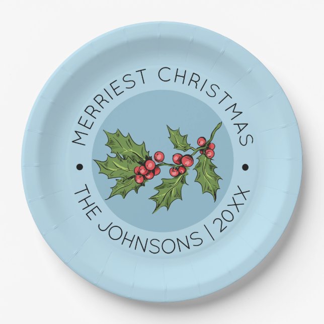 Blue Mistletoe Christmas Holiday Party Paper Plate (Front)