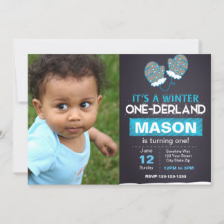 Blue Mitten Birthday Invitation with photo