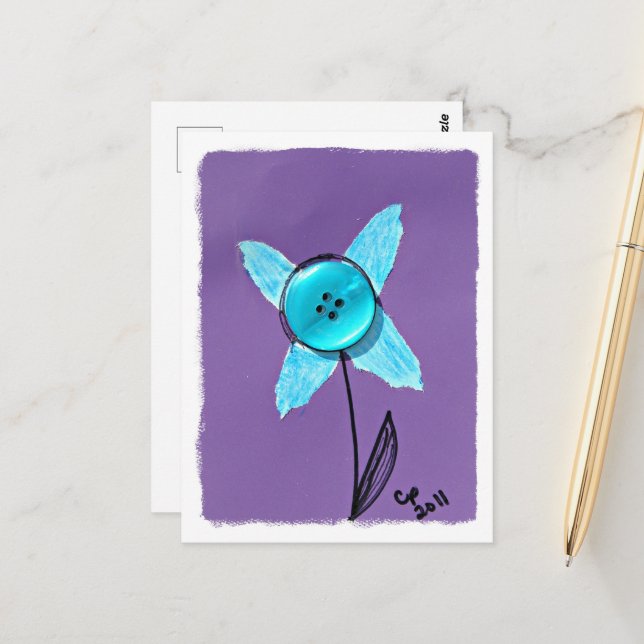 Blue Mixed Media Flower on Purple Postcard (Front/Back In Situ)