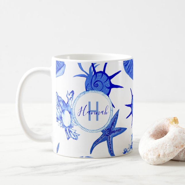 Blue mixed seashell pattern-custom monogram-name   coffee mug (With Donut)