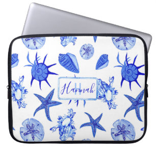 Blue mixed seashell pattern-custom monogram-name laptop sleeve