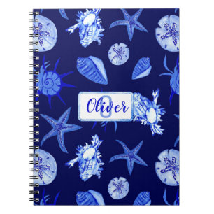 Blue mixed seashell pattern-custom monogram-name  notebook