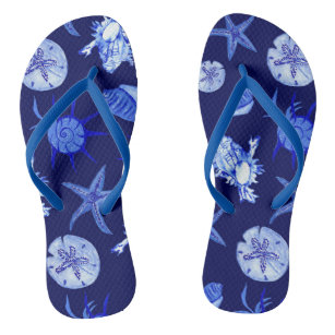 Blue mixed seashell pattern flip flops