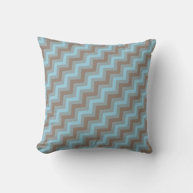 Blue mocca brown zigzag chevron patterned pillow (Front)